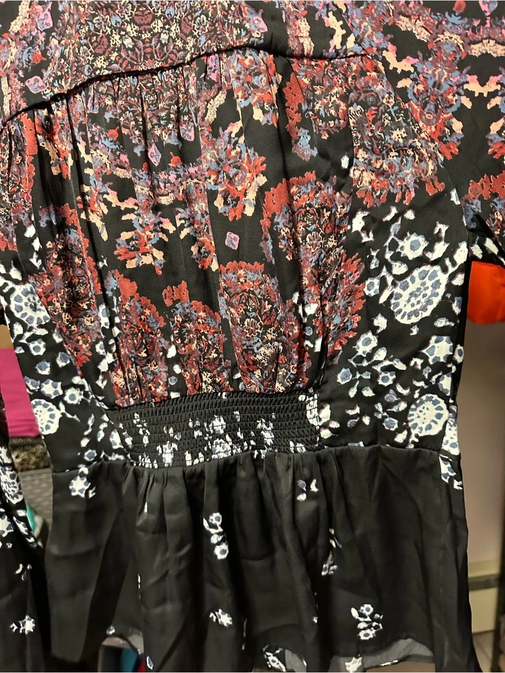 Free People Black Floral Print Peplum Tie-Front Blouse with Burgundy Accents